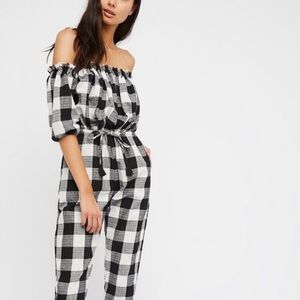 gingham rue stilic jumpsuit off the shoulder from free people